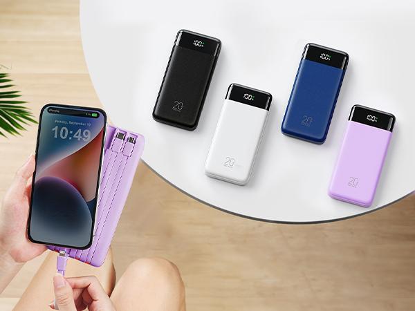 Charmast 20W Fast Charging Power Bank 20000mAh Ultra Thin Portable Charger with Built-in Cables for iPhone Android Tablet USB-C Micro USB Included Travel Friendly Rechargeable Battery Pack Black