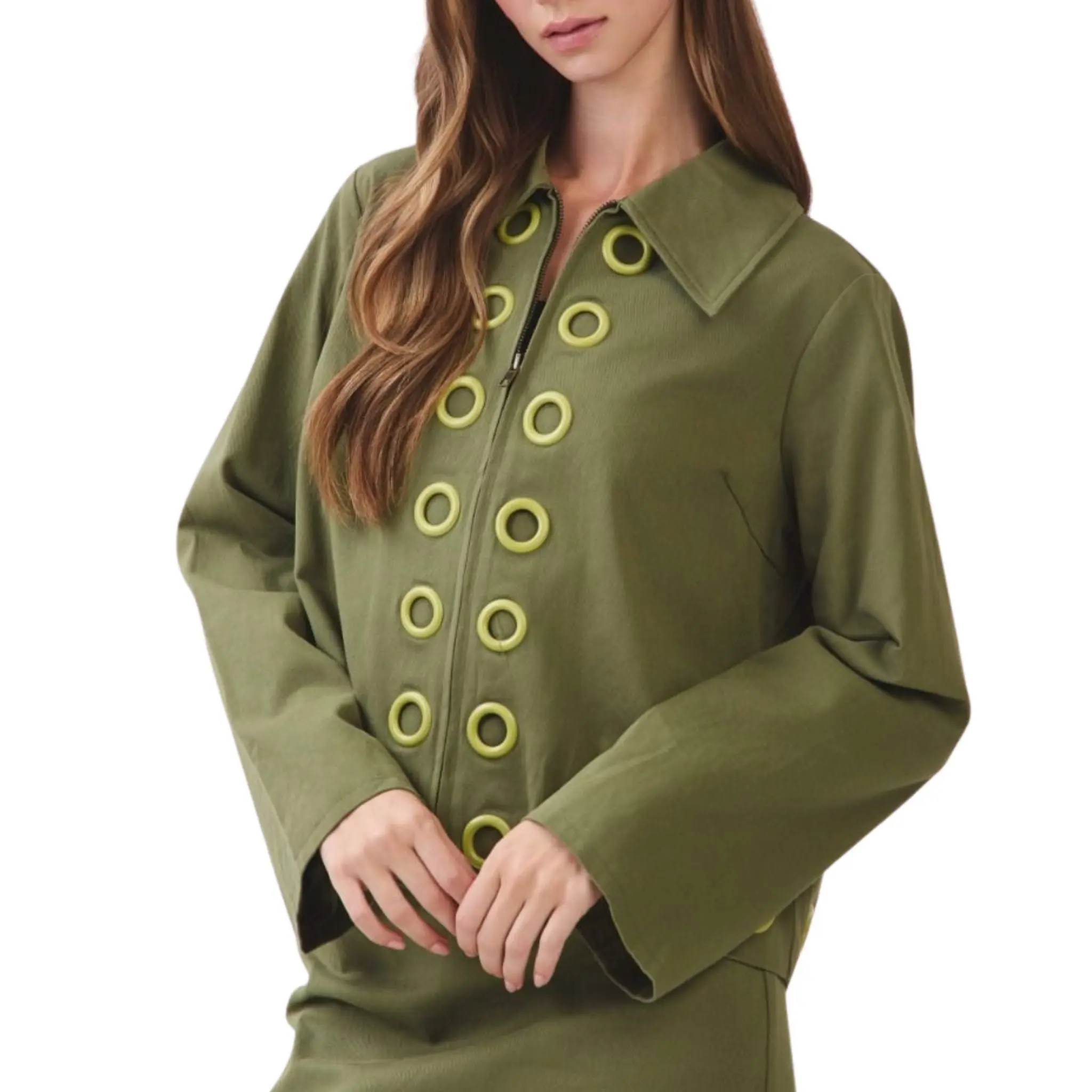Olive Eyelet Trim Cropped Jacket