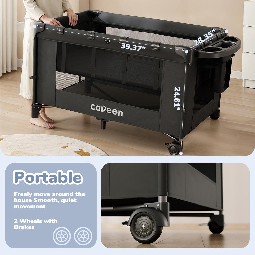 CAVEEN 5 in 1 Baby Playard, WIth Baby Bassinet, Portable Bedside Sleeper Baby Crib, with Removable Changing Station & Storage Organizer, Black CAVEEN 5 in 1 Baby Playard, WIth Baby Bassinet, Portable Bedside Sleeper Baby Crib, with Removable Changing Station & Storage Organizer, Black