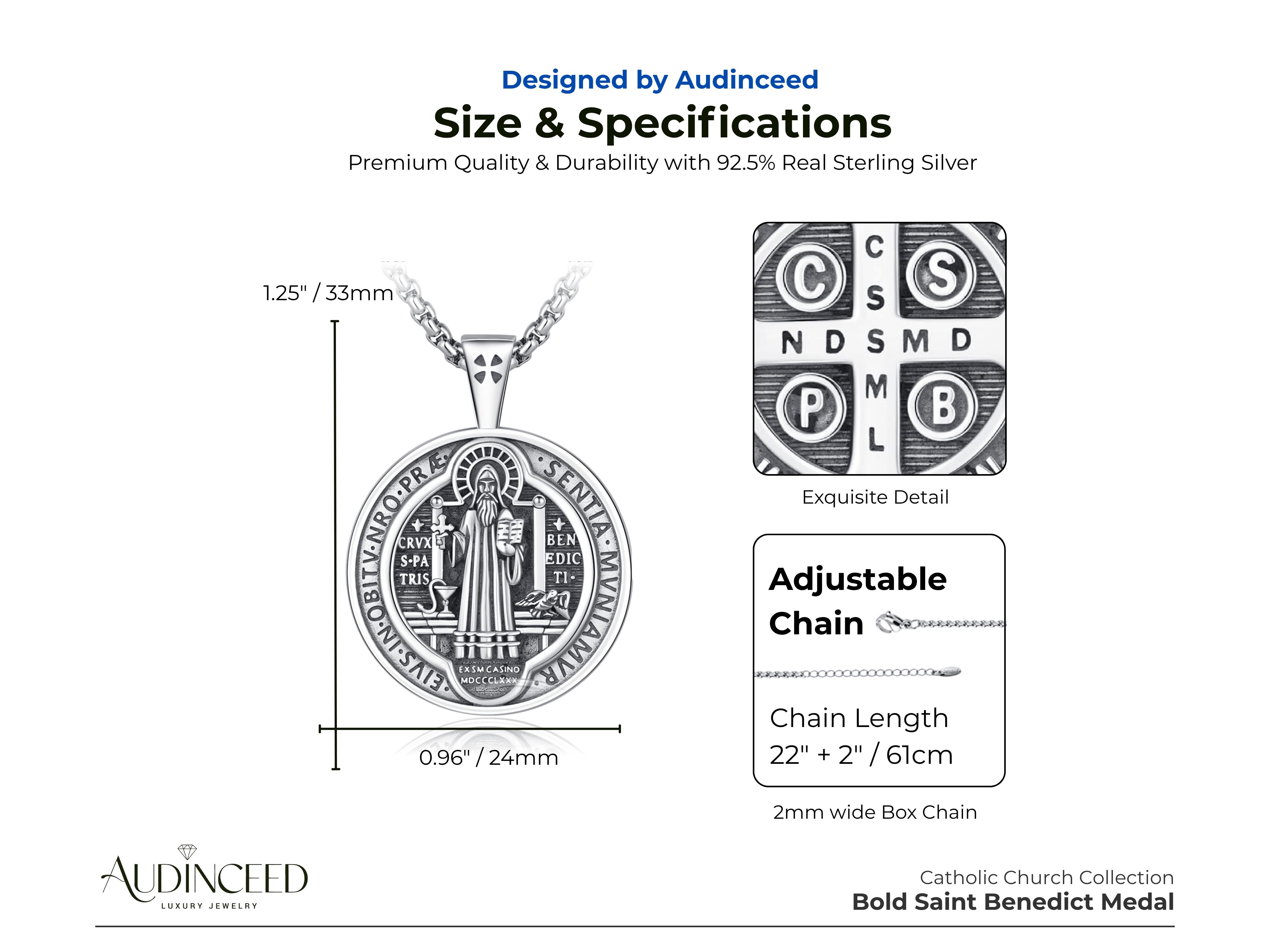 Audinceed St Saint Benedict Medals Necklace, Solid S925 Sterling Silver Medalla de san benito Catholic Church Protection Silver Necklace Pendant Religious Blessed Amulet Jewelry Gift for Faith Safety Fathersdaygift