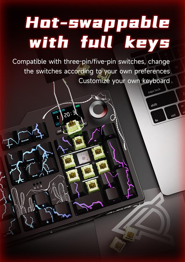 Ajazz AK35I V4 QMK Full-Size Wireless Ergonomic Mechanical Gaming Keyboard with Rotary Knob and Smart Screen Numeric Keypad. The perfect choice for both gaming and office use. Cream-colored keyboard. Christmas gift.