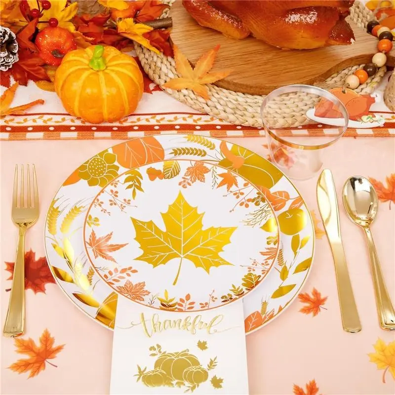 Thanksgiving Plates 176 Pieces  Disposable Gold Plastic Silverware- Thanksgiving Dinnerware with Maple Leaves