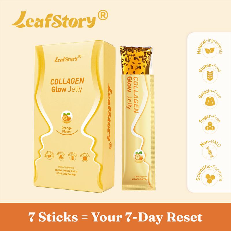 【$9.9 Only】LeafStory Collagen Glow Reset Jelly (7 Sticks): Orange Flavor, Collagen, Chia Seeds, Support Skin Health & Elasticity, Support Hair & Nails, Stress Relief & Nerve Health, Sugar-Free, Gluten-Free, Non-GMO, Gelatin-Free, Natural Ingredients