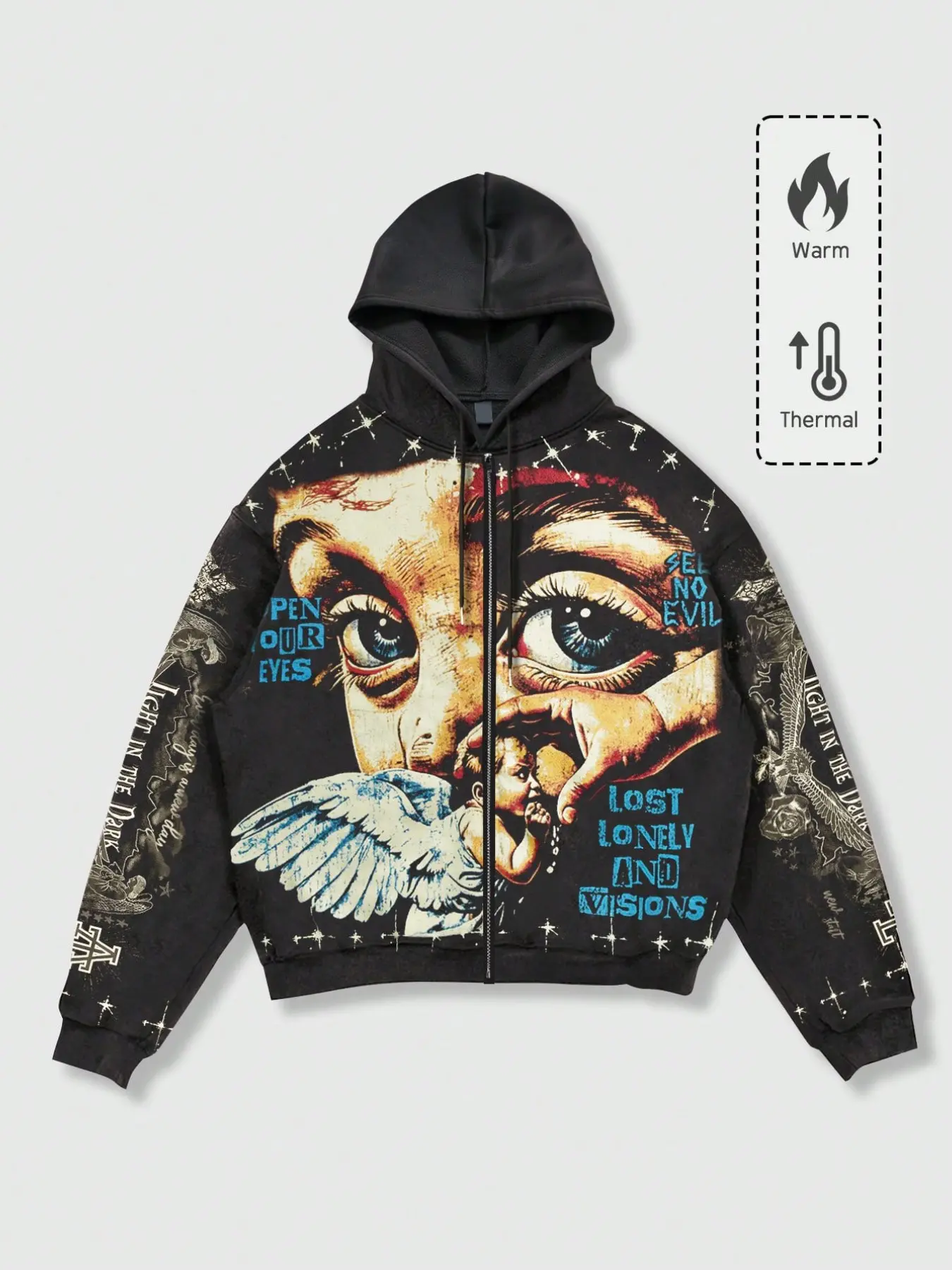 Men's Y2K Retro Vintage Streetwear, Angel Wings Graffiti Print Zip-Up Sweatshirt, Graphic Hoodie, Loose-Fit Short Jacket