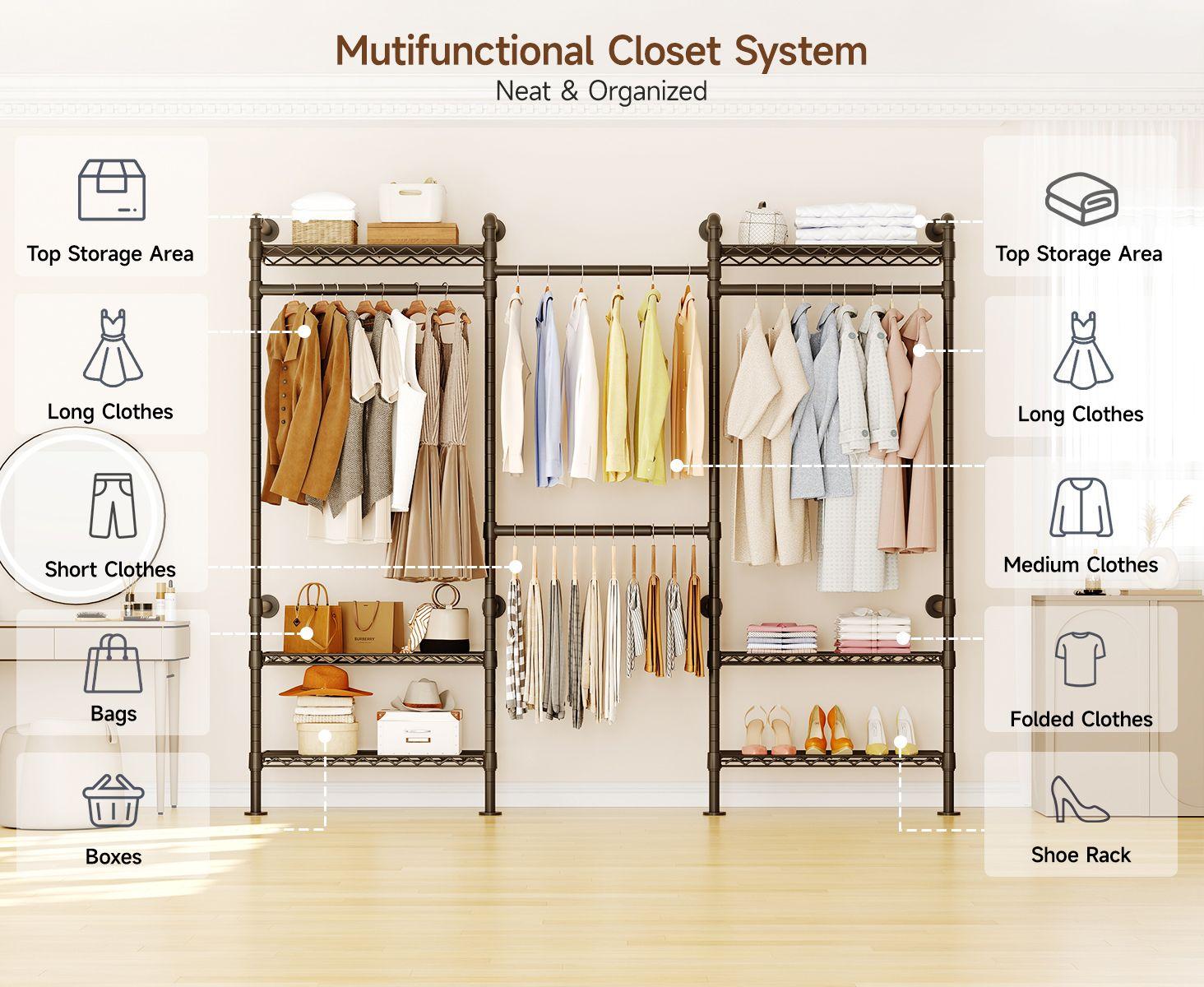 【SPOTLIGHT DAY】ONBRILL H3 Wall Mounted Closet System Expandable Industrial Pipe Clothes Rack with 4 Telescopic Rods & 6 Mesh Panels for Flexible Storage in Wardrobe