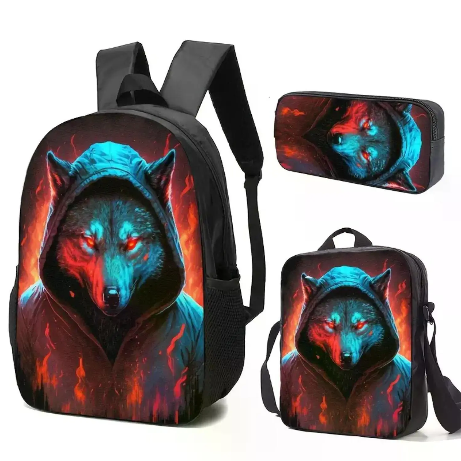 Sci-Fi Cool Flame Wolf Head 3-Piece Set: Backpack, Pencil Case & Crossbody Bag with Adjustable Straps and Large Capacity