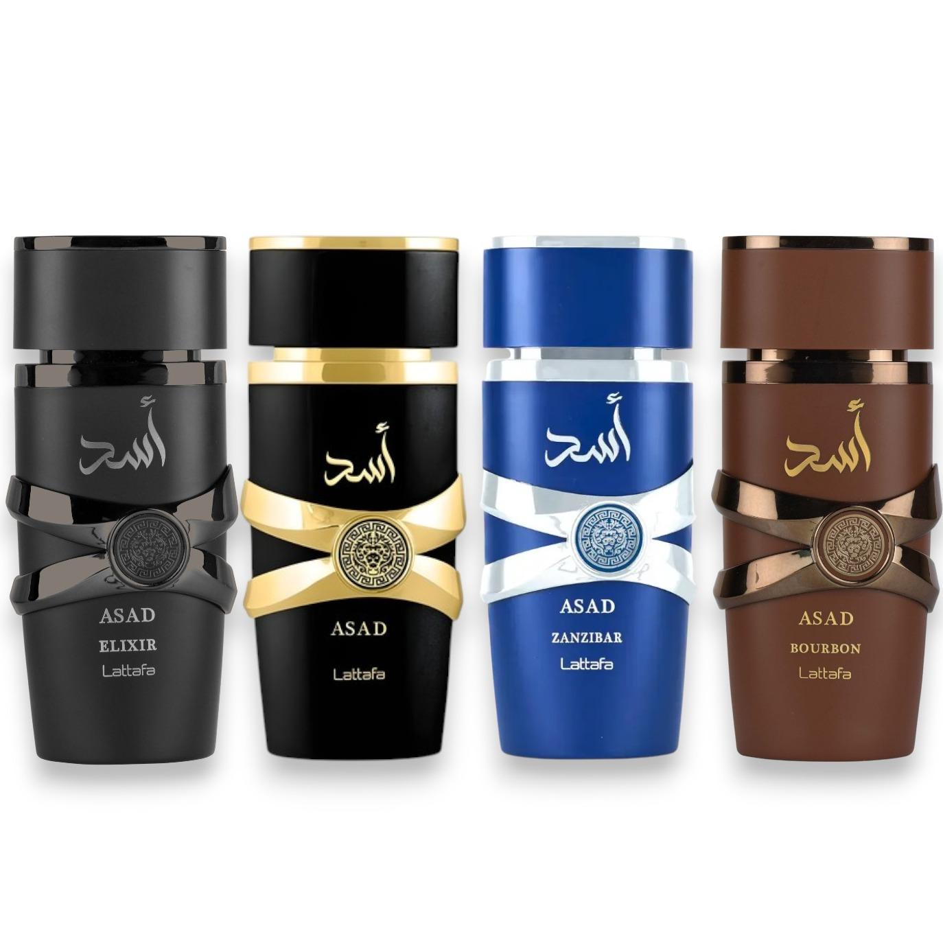 Lattafa Perfumes | Asad Elixir + Asad + Asad Zanzibar + Asad Bourbon | Eau De Parfum | 100 ML | Black Pepper - Citrus & Vanilla Notes Lattafa Perfumes | Asad Elixir + Asad + Asad Zanzibar + Asad Bourbon | Eau De Parfum | 100 ML | Black Pepper - Citrus & Vanilla Notes