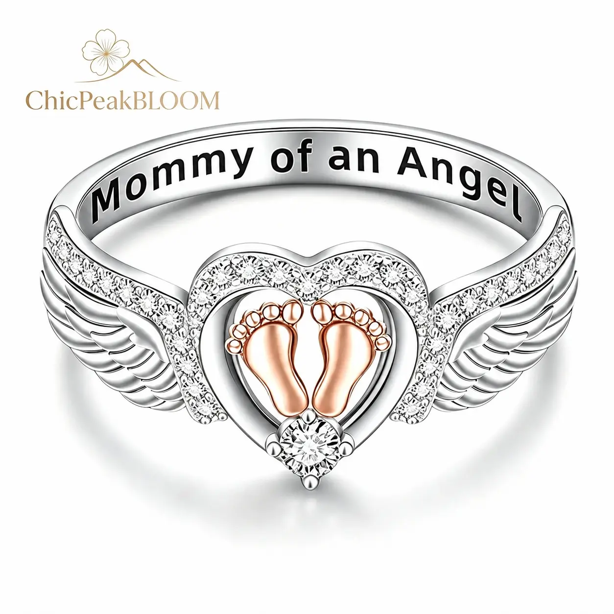 Miscarriage Ring Sterling  Mommy of an Angel Ring Angel Wing Heart Footprint Memorial Jewelry Gifts for Mom Women Engraved Ring