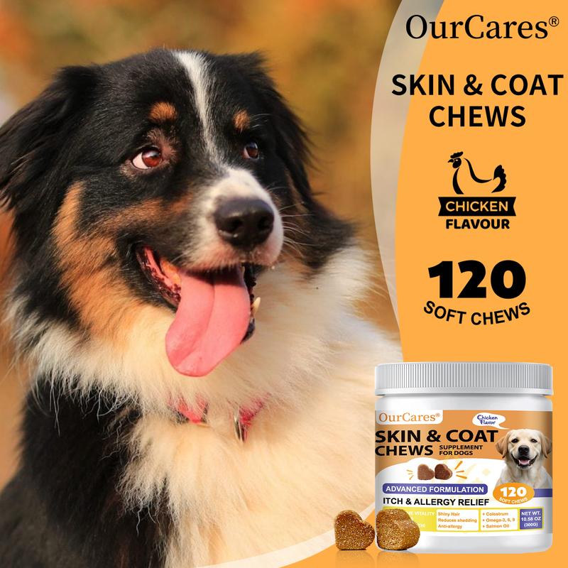 OurCares Skin & Coat Chews for Dogs | 120 Soft Chews, Chicken FlavorEnhances Fur Shine & Softness, Relieves Dry Itchy Skin, Repairs & Strengthens Skin Barrier Supplements Advanced Formulation