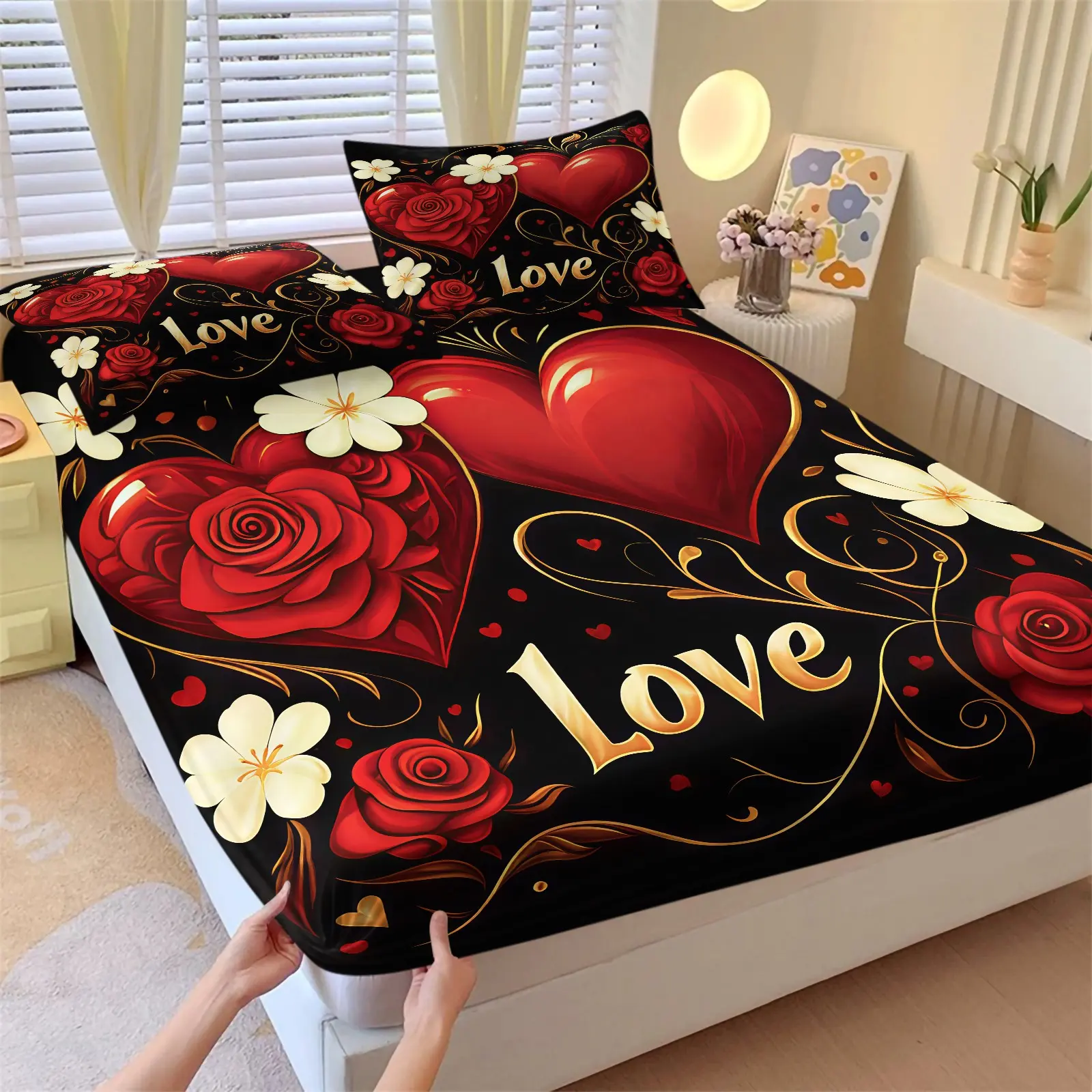 Valentine'S Day Bedding Set, Decorative Bedsheet Sets, 3pcs Heart-shaped Pattern, Love Print, Fitted Sheet Set, Perfect for Girl'S Or Couple'S Bedroom DéCor, Soft and Comfortable, Includes 1 Fitted Sheet and 2 Pillowcases
