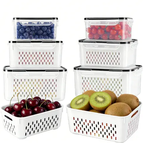 BPA-Free PP Plastic Rectangular Fridge Organizer Bins (8/10/12/16 Pcs; 10 Pcs:5 Containers,5 Built-in Colanders) - Stackable Nesting Airtight Kitchen Gadgets for Daily Use Fruit,Vegetable Organizer Storage (Microwave-Safe Lids Not)
