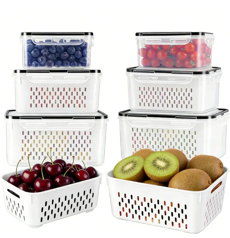 8/10/12/16 pcs Fridge Organizers and Storage Stackable Fruit Storage Container for Fridge with Removable Colander, BPA-Free Food Storage Container for Salad Berry Vegetable Meat Keeper Fresh Containers, Kitchen, Utensils