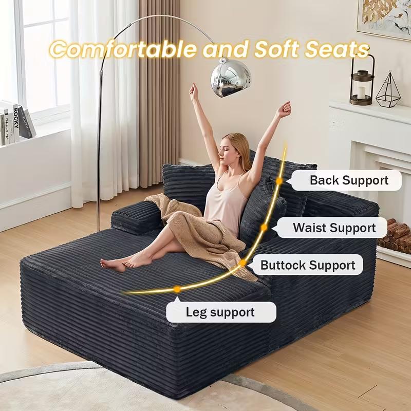 Oversized Chaise Lounge Chair Indoor, Corduroy Upholstered Boneless Sofa Bed, Deep Seat Sleeper Couch Reading Chairs,No Assembly Required,Cloud Sofas Couches for Living Room bedroom with 3 Pillows, Modern Reading Chair