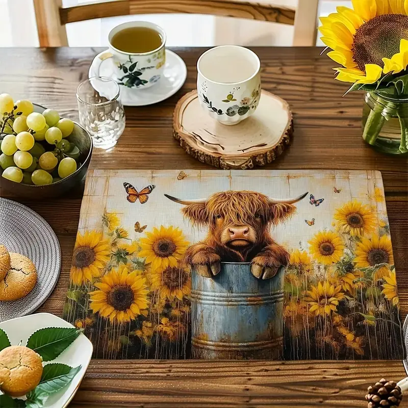 4-piece/6-piece vintage Scottish Highland cow and sunflower butterfly patterned linen rectangular placemat, Washable placemats, heat-resistant and non slip, washable, suitable for kitchen dining, family gatherings, Home, Kitchenware