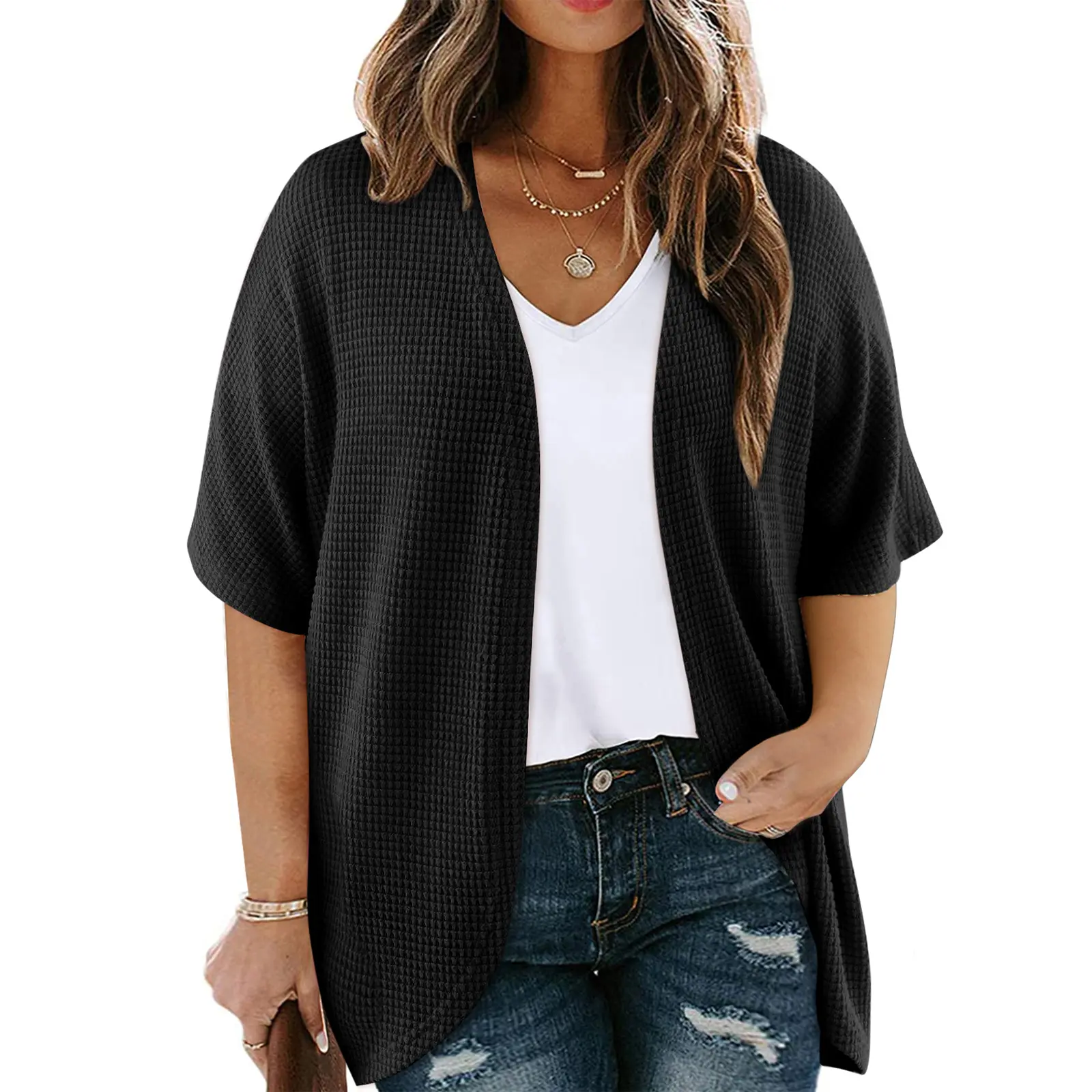 Eytino Womens Plus Size Cardigan Casual Short Sleeve Waffle Knit Kimono Open Front Tops(1X-5X)