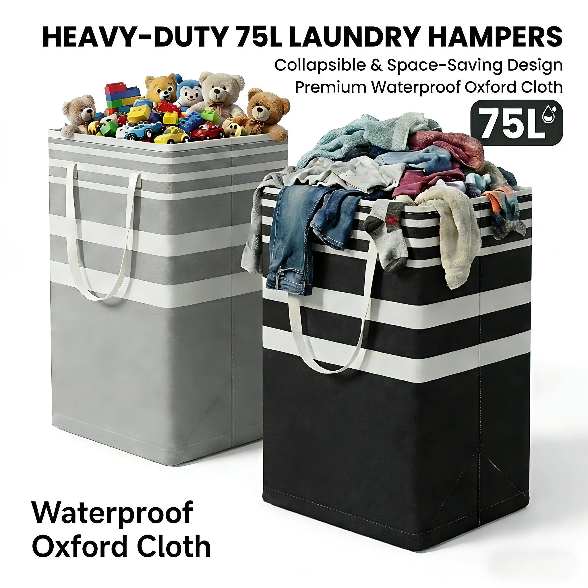 2Pack /4Pack 75L Large Laundry Basket,  Waterproof & Freestanding Hamper , Collapsible Storage Box with Easy Carry Handle, Suitable for Home and Dormitory Clothes, Towels and Toys (Black/Gray) Practical Multifunctional travel essentials tiktokshopspringgl
