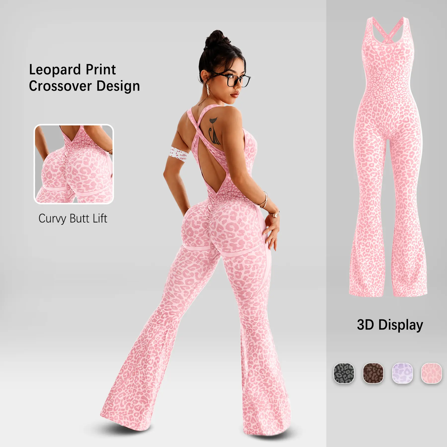 Summervibes Women's Leopard Flare Bodysuit - Snatched BBL Effect Butt Lifting Jumpsuit, Sexy Backless Criss-Cross One Piece Workout Suit, Tummy Control Flare Leggings for Gym Yoga Outdoor Fun, Y2K Aesthetic Slim Fit Athleisure Romper, Squat Proof