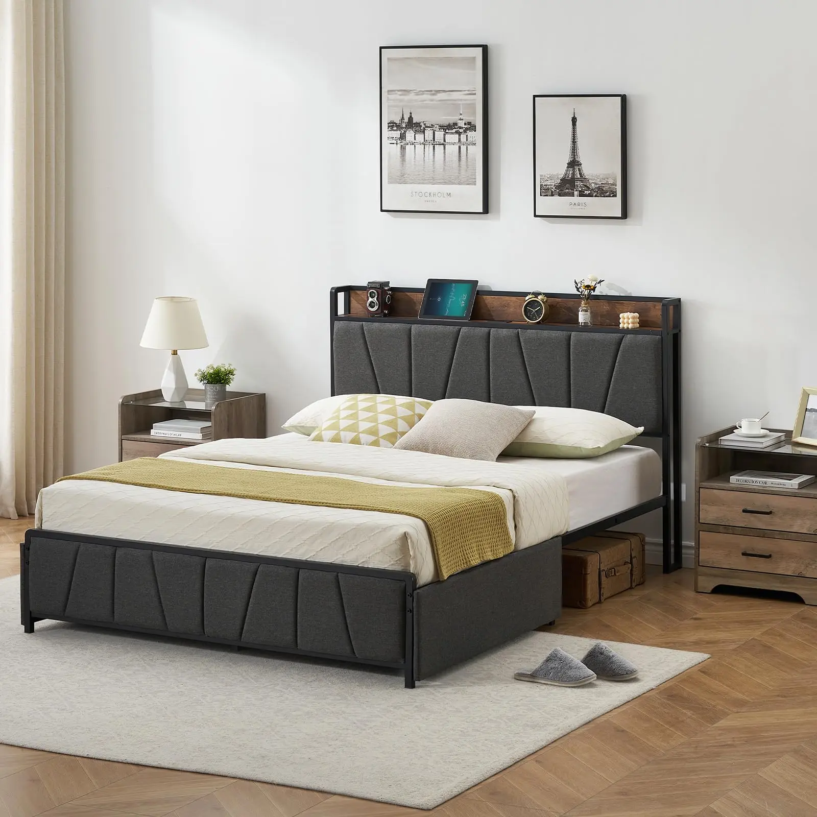 Garvee Queen Bed Frame - Linen Upholstered Bedframe with Storage Headboard, 2 Drawers, Charging Station, Durable Metal Structure, Silent, No Box Spring Needed, Easy Assembly, Grey Indoor Furniture