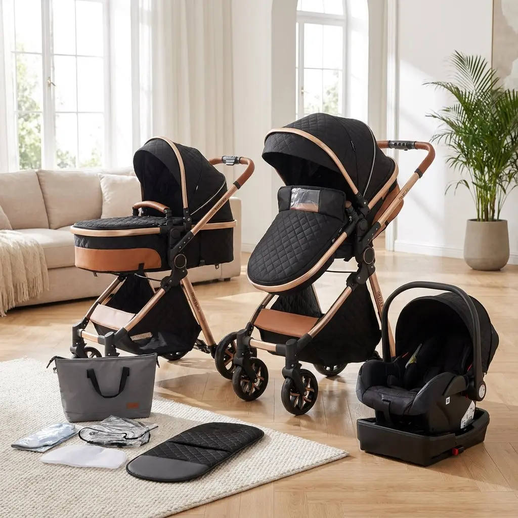 4-in-1 Convertible Bassinet Pushchair Wagon - Luxury Rustproof Aluminum Multi-Functional Folding Newborn Travel System, 1-Click Compact Fold, Reversible Seat, Adjustable Position, Anti-Rollover Design, Convenient Overhead Bin (Forward Facing Compatible),