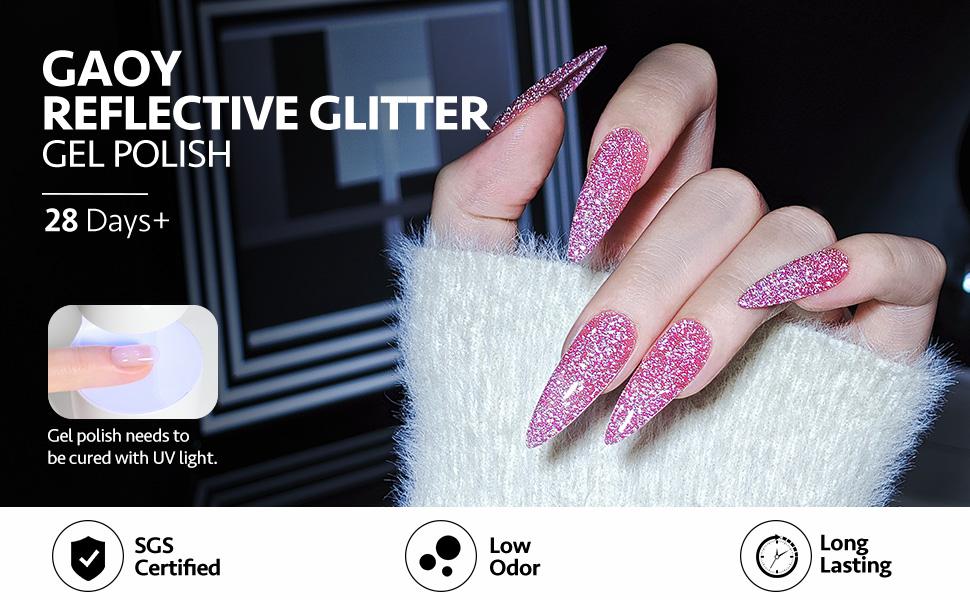 GAOY Salute Reflective Glitter Gel Nail Polish Set of 6 Colors Including Pink Red Silver Black Colors Holographic Gel Polish Kit for Salon Gel Manicure and Nail Art DIY at Home