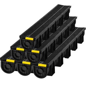 HDPE Trench Drain System with Plastic Grate, 5.9x5.1-Inch Channel, Black Garage Floor Drain, Includes 6 End Caps, 6 Pcs for Driveway/Garden