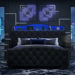 Belffin Queen/King Velvet Wingback Bed Frame with 50.9” Tall Headboard, LED Lights, Storage Shelf & Charging Station, Button Tufted Footboard, No Box Spring Needed, Noise-Free – Black/White
