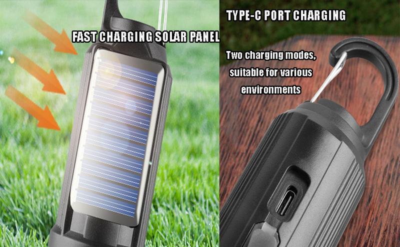 Solar LED Camping Lights with Hook – Type-C Rechargeable, IPX4 Waterproof, 3 Lighting Modes (High/Low/Strobe), 18650 Lithium Battery, Solar-Powered, Sleek Design– Portable, Durable Tent Lights for Hiking,Backpacking,Adventures,Hurricane Emergency Lighting