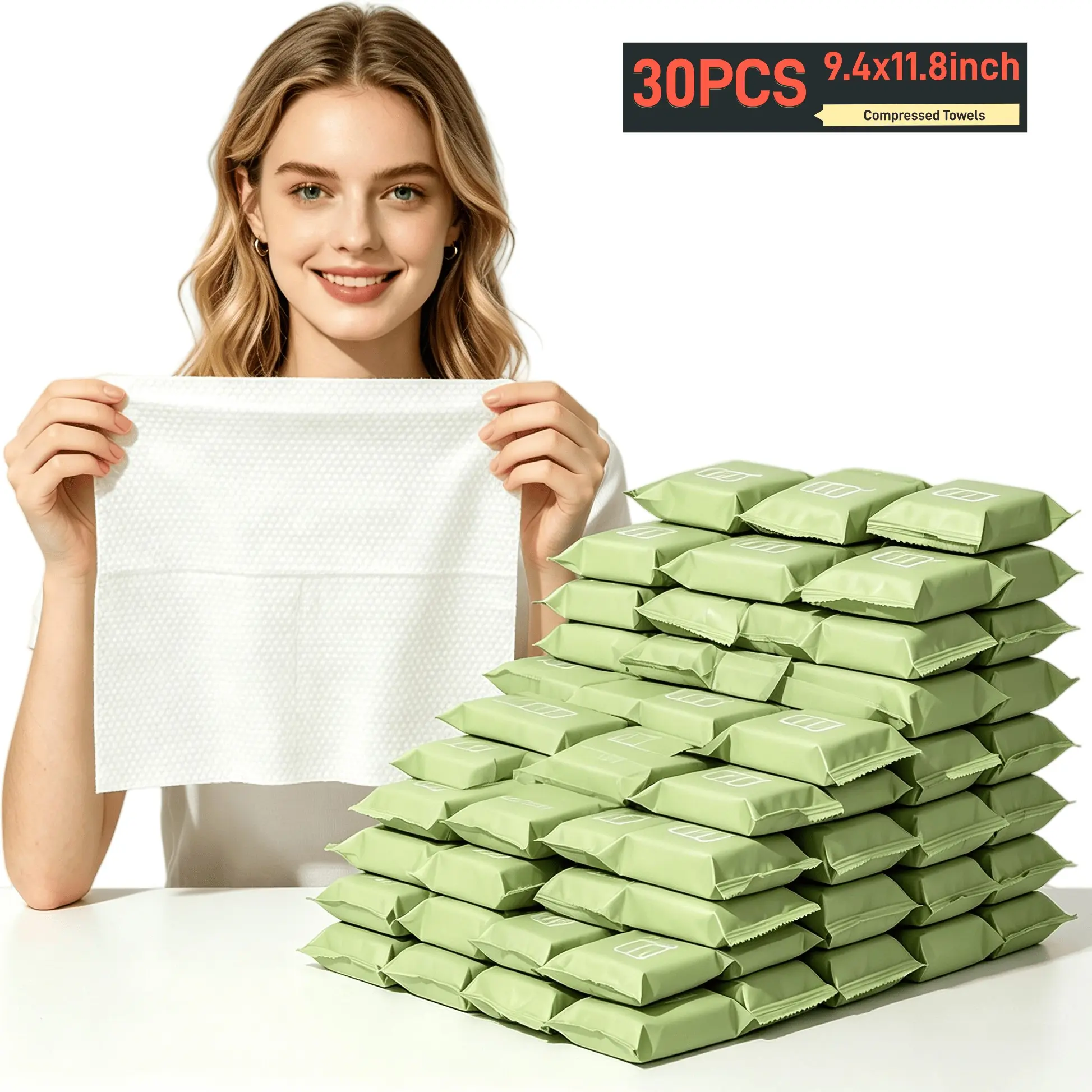 Compressed Towel Tablets, Portable Disposable Face Towels, Face Towelettes Disposable, Individually Wrapped Compressed Towels, Expands with Water, Soft & Lint-Free, 11 x 9.4 Inch, Travel Size (30/50/100Counts)