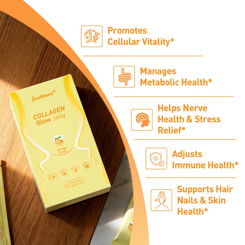 【Only 9.9】LeafStory Collagen Glow Reset Jelly (7 Sticks): Orange Flavor, Collagen, Support Skin Health & Elasticity, Support Hair & Nails, Stress Relief & Nerve Health, Sugar-Free, Gluten-Free, Non-GMO, Gelatin-Free, Natural Ingredients-G