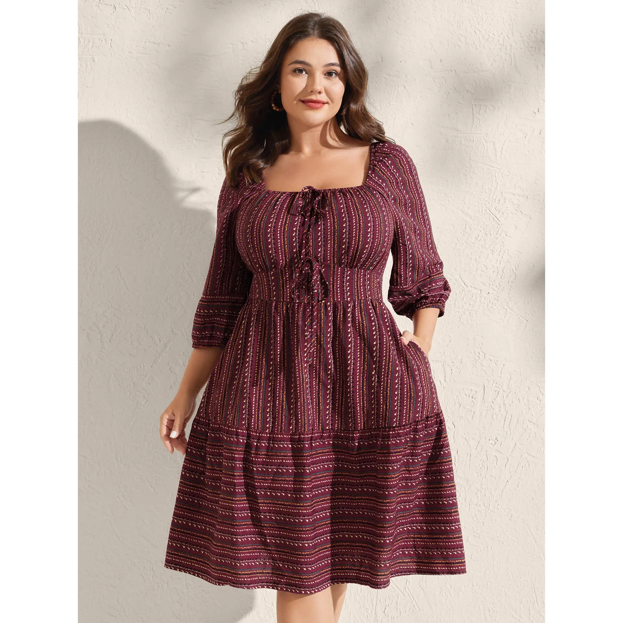 BLOOMCHIC Women's Clothes Fall Striped Cinched-Waist Tie Midi Dress - 2026 Swimweek Spotlight, Vacation Beach Casual Outfits, Deals for You Days,Summerfinds