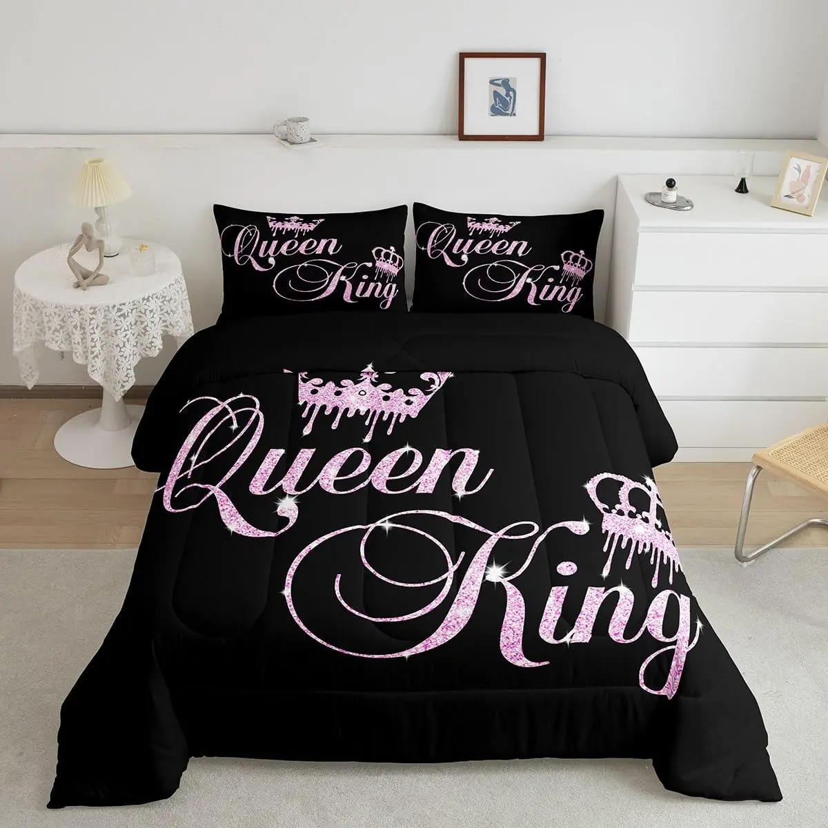 Luxury King-Queen Size Crown & Couple Designer Bedding Set, His & Hers Black-Pink Comforter Quilt Set, Valentine's Day Bedroom Decor, Bedroom Bedding Set