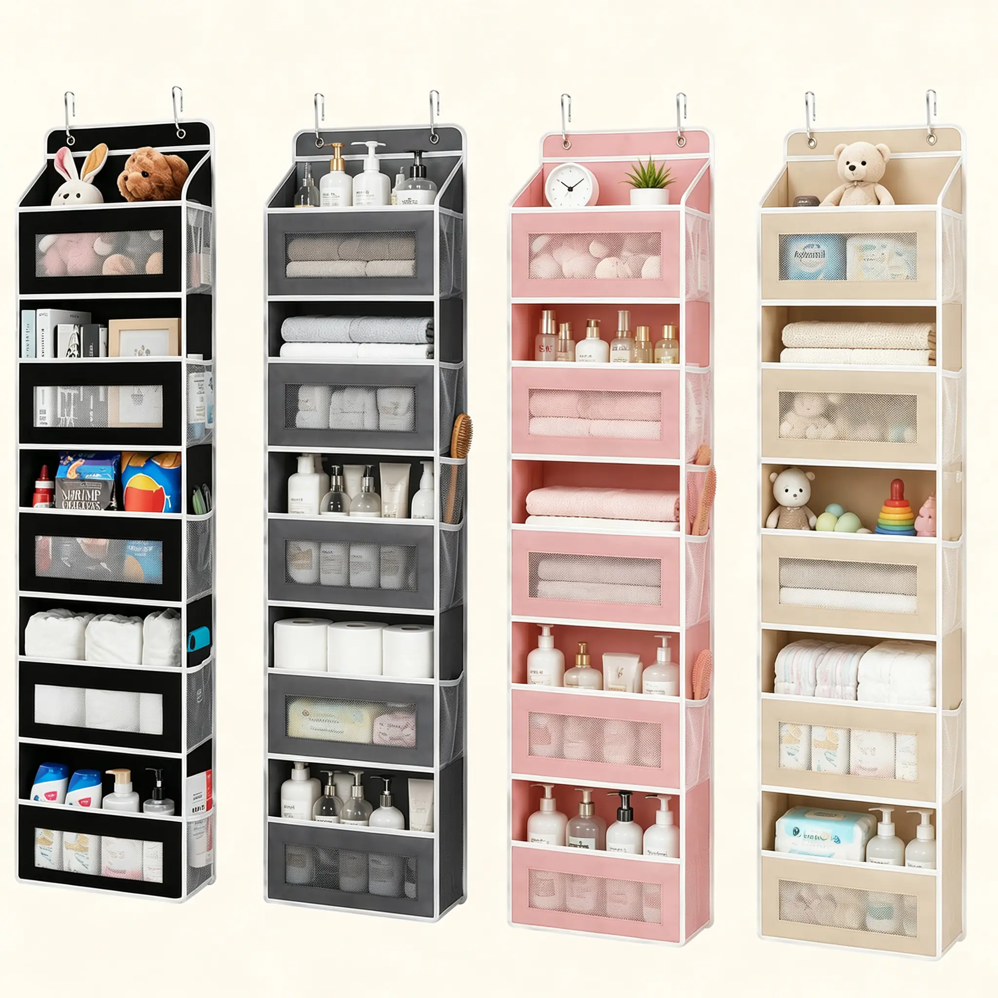 1 Pack Over The Door Organizer with 5 Large Pockets and 10 Mesh Side Pockets, 5 Layers Door Organizer Hanging with Clear Window for Bedroom, Bathroom, Pantry and Nursery, Gray,dorm room inspo,college dorm essentials,dorm haul