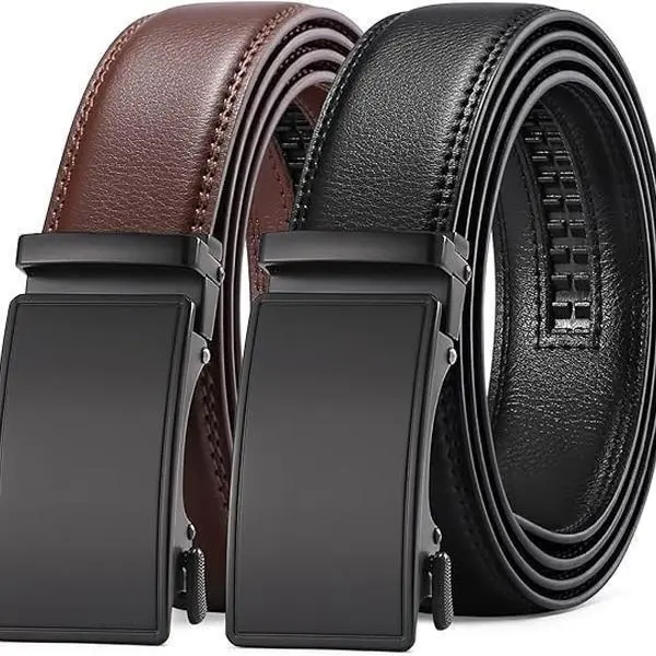Men's 2-Pack Premium Genuine Leather Ratchet Belts - Multi-Size, Automatic Buckle, Adjustable Strap for Formal & Casual Wear, Leatherwork Men's Belts, Multi-Size Men's Belts