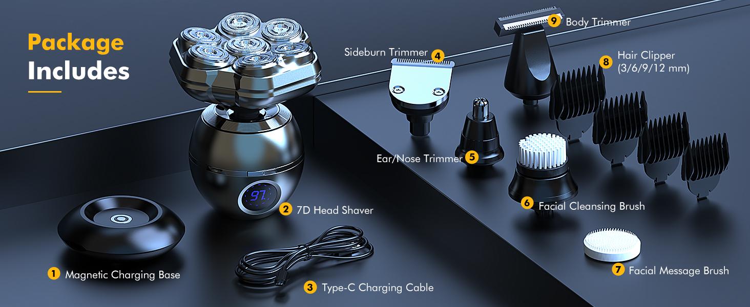 7D Bald Head Shaver for Men, IPX7 Waterproof Electric Razor for Wet Dry Use, 6 in 1 Magnetic Head Shaver for Men with Type-C Charger 7D Bald Head Shaver for Men, IPX7 Waterproof Electric Razor for Wet Dry Use, 6 in 1 Magnetic Head Shaver for Men with Type-C Charger