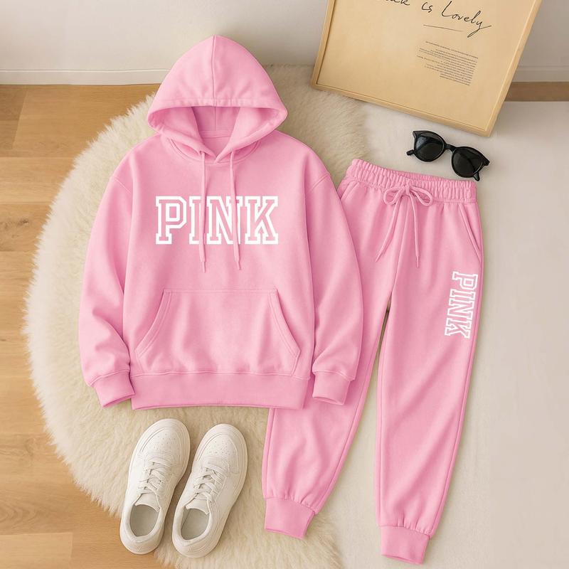 Women's Pink Print Hoodie And Drawstring Track Pants Set, Casual Sportswear, Long-Sleeved Hooded Jacket And Pants, Suitable For Autumn And Winter, Everyday Wear, Indoor And Outdoor Sportswear, Casual Sportswear.