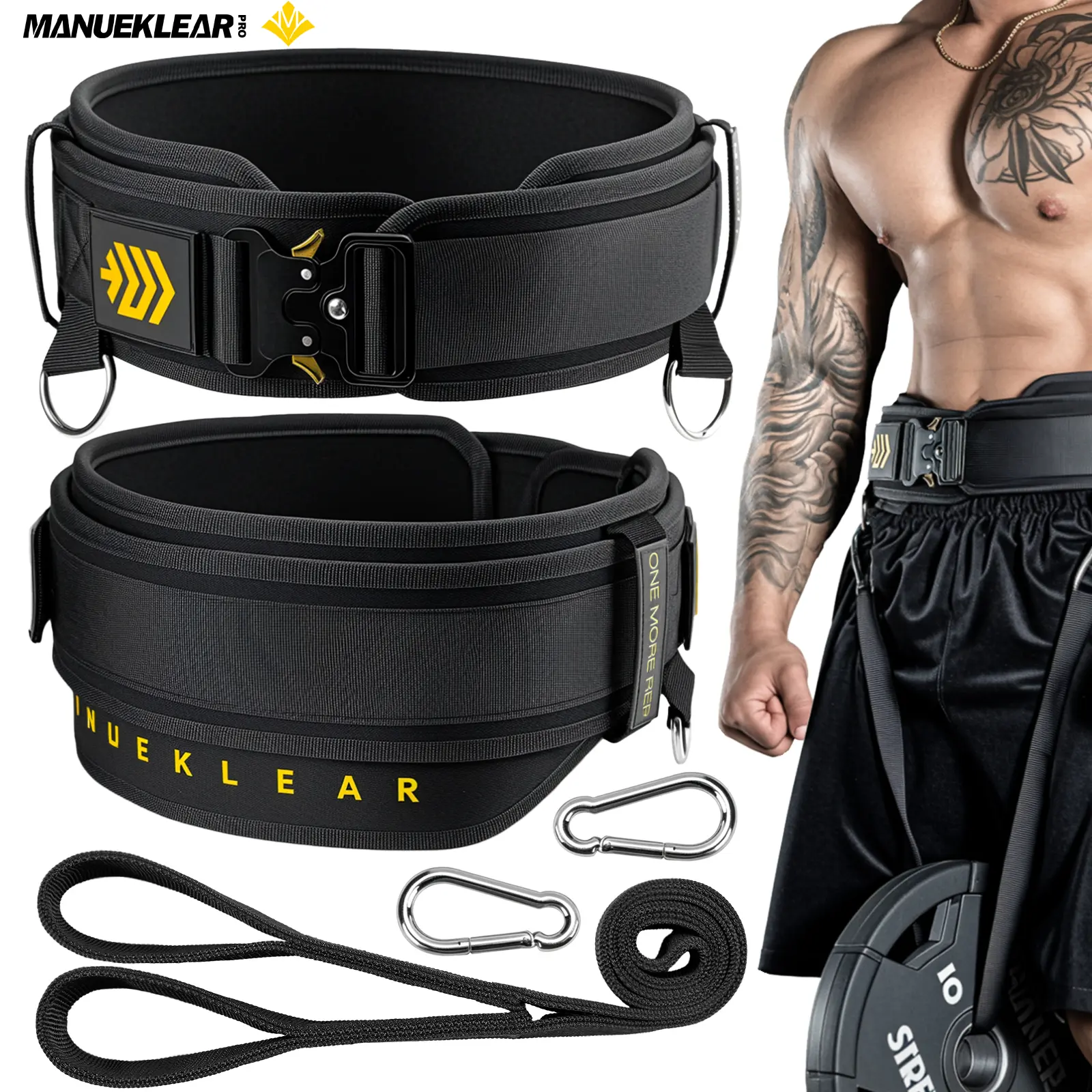 MANUEKLEAR 2-in-1 Weightlifting Belt & Dip Belt with 36.7 IN Rope, Double-Layer Weight Lifting Belts, Powerlifting Gym Weighted Belt for Pull Up Squat