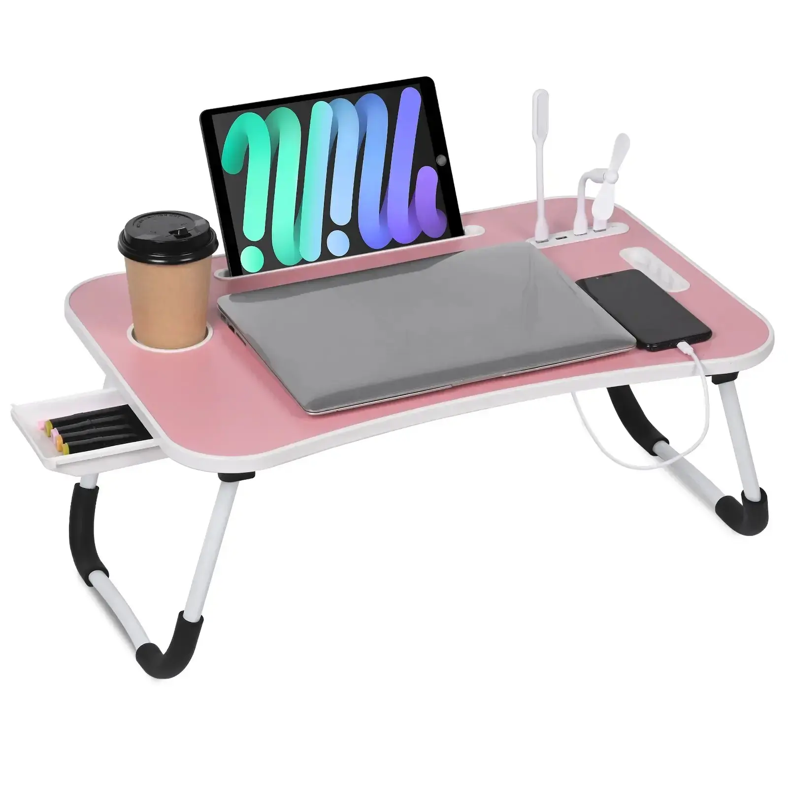 VQN Portable Adjustable Overbed Table - Foldable Durable Wooden Tray with Cup Holder, Drawer, USB Fan, Light, Tiltable Tabletop, Modern Sleek Black Design for Bed, Sofa Use