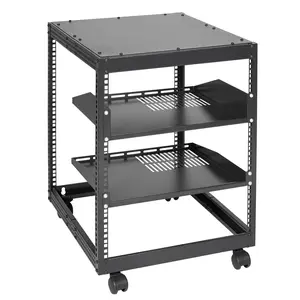 Adjustable Depth Open Frame Server Rack, Free Standing or Wall Mount, 4 Post AV Rack with Casters for Networking IT Equipment and AV Gear Organiser