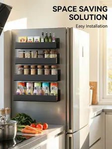 Black Magnetic Spice Rack Set of 4 - Fridge & Oven Organizer, Non-Stick Coating, Compact Design, Kitchen Storage Solution