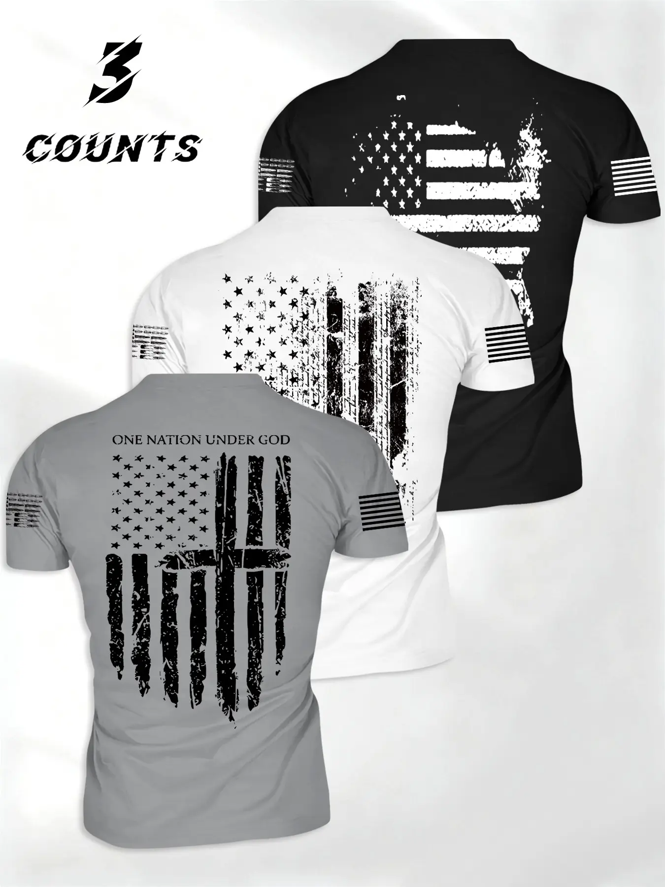 Men's 3-Piece Fitness Sportswear Set, Athletic Clothing Set, American Flag Cross 1776 Pattern Running Top, Breathable Short Sleeve T-Shirt for Gym and Outdoor Activities