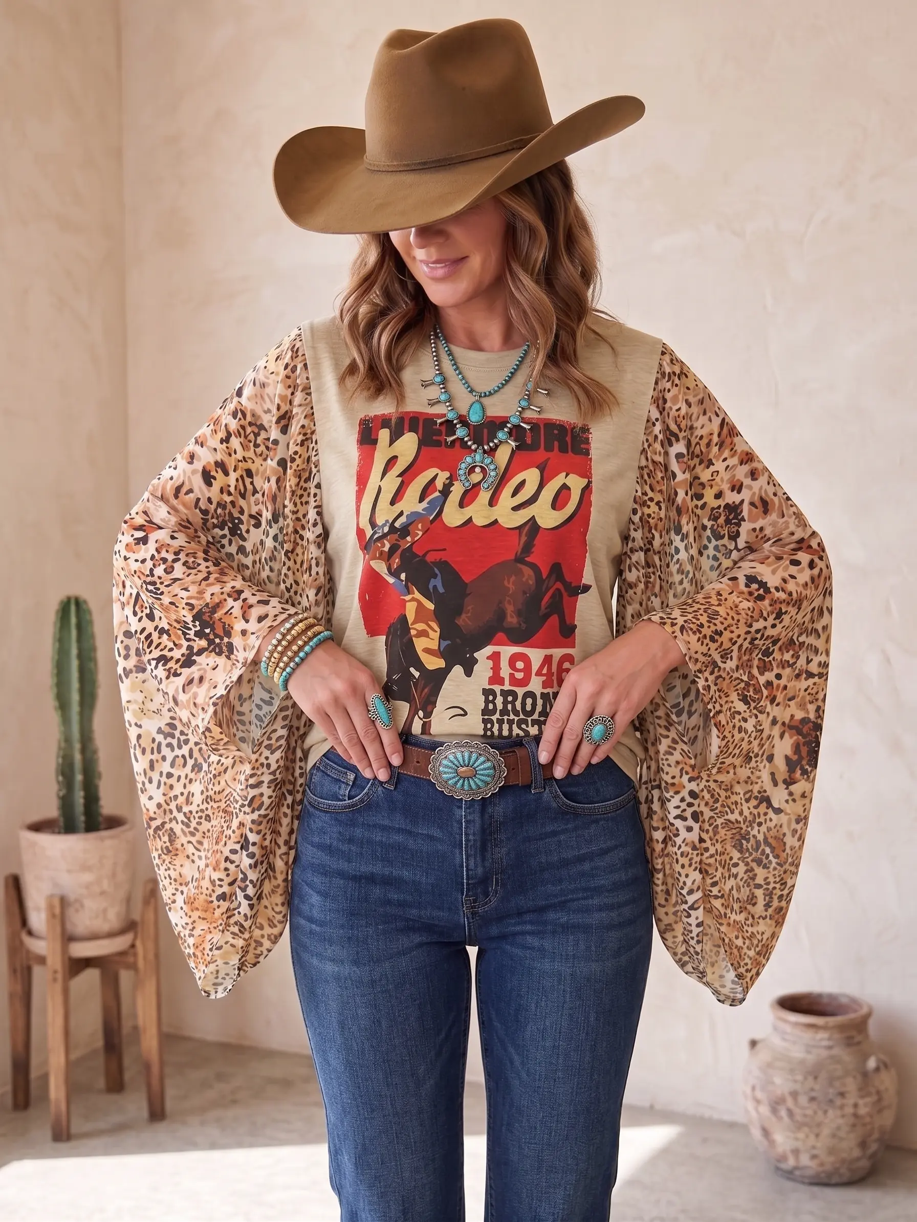 Western Rodeo Graphic Top with Leopard Batwing Sleeves, Women’s Boho Cowboy Print Round Neck Shirt by Chic Petal