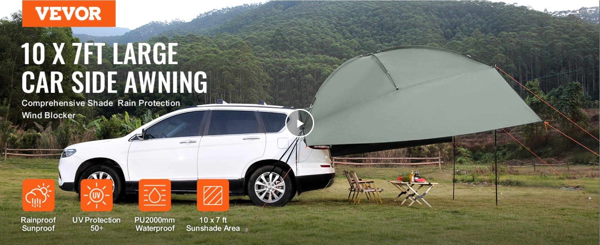 VEVOR Vehicle Awning, TikTokShopBlackFriday, Large 10' x 7' Shade Coverage Car Side Awning, PU2000mm UV50+ Car Awning with Extended Side Canopies and Portable Storage Bag, Suitable for Truck, SUV, Van, Campers