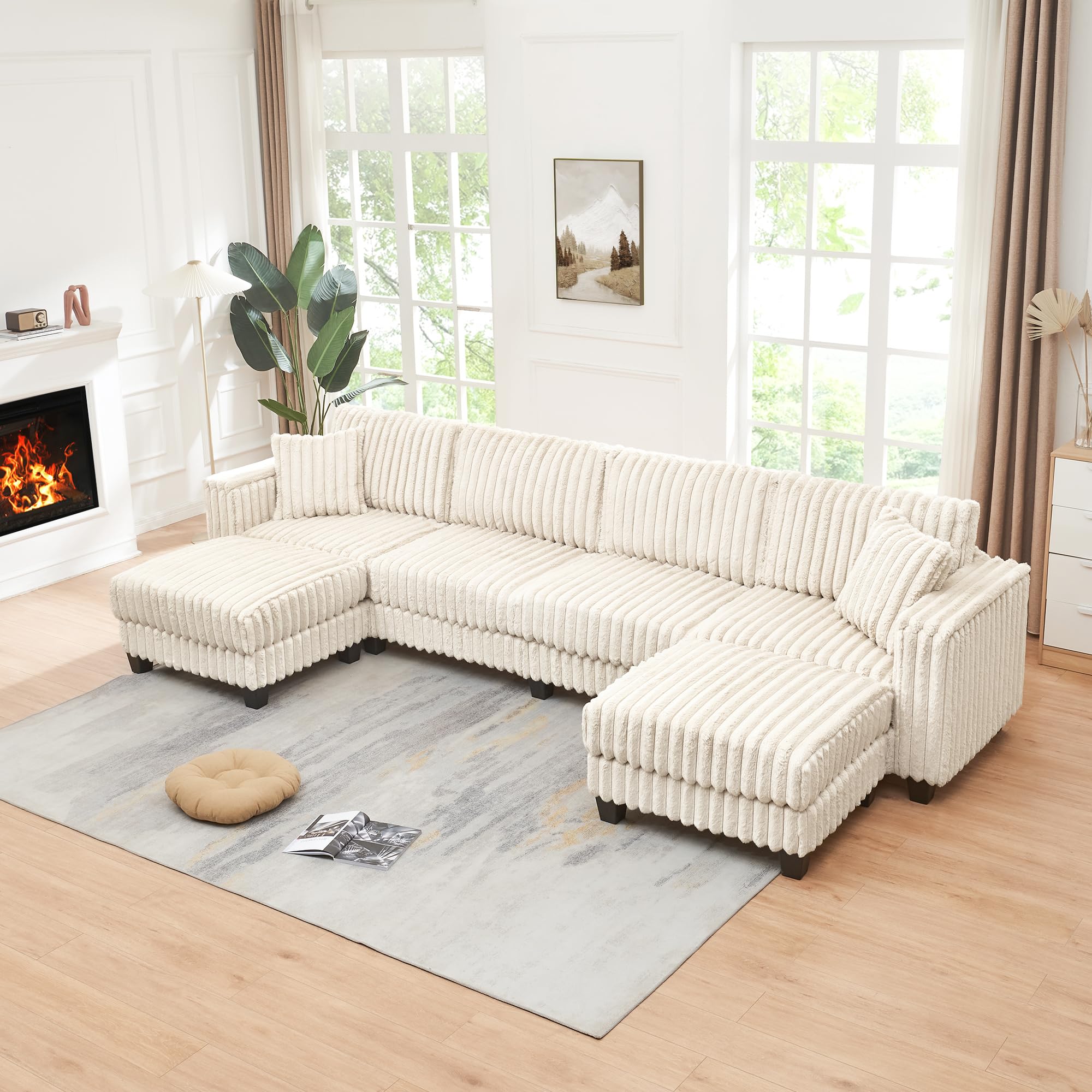 【2 Packages Shipping】Giratree 137" Plush Corduroy Cloud Velvet Modular Couch with Chaise, No Assembly Required L-V-U Shaped Sectional Sofa Set with Flexible Configuration