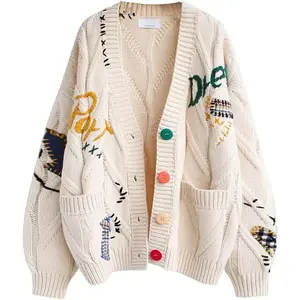 Womens Open Front Cardigan Cable Knit Long Sleeve Button Down Embroidery Cardigan Sweaters