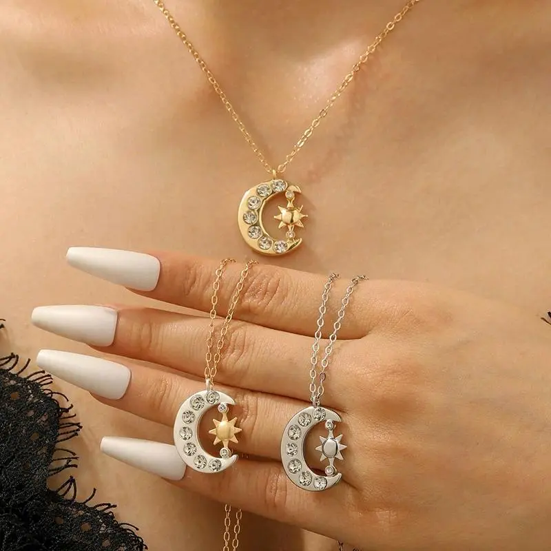 Zircon Moon Sun Pendant Necklace - Women's Long Collarbone Chain, Vintage Simple Hiphop Punk Elegant Casual Costume Jewelry, Daily Wear Gift 2026, Fashion Necklace, Accessory Necklace