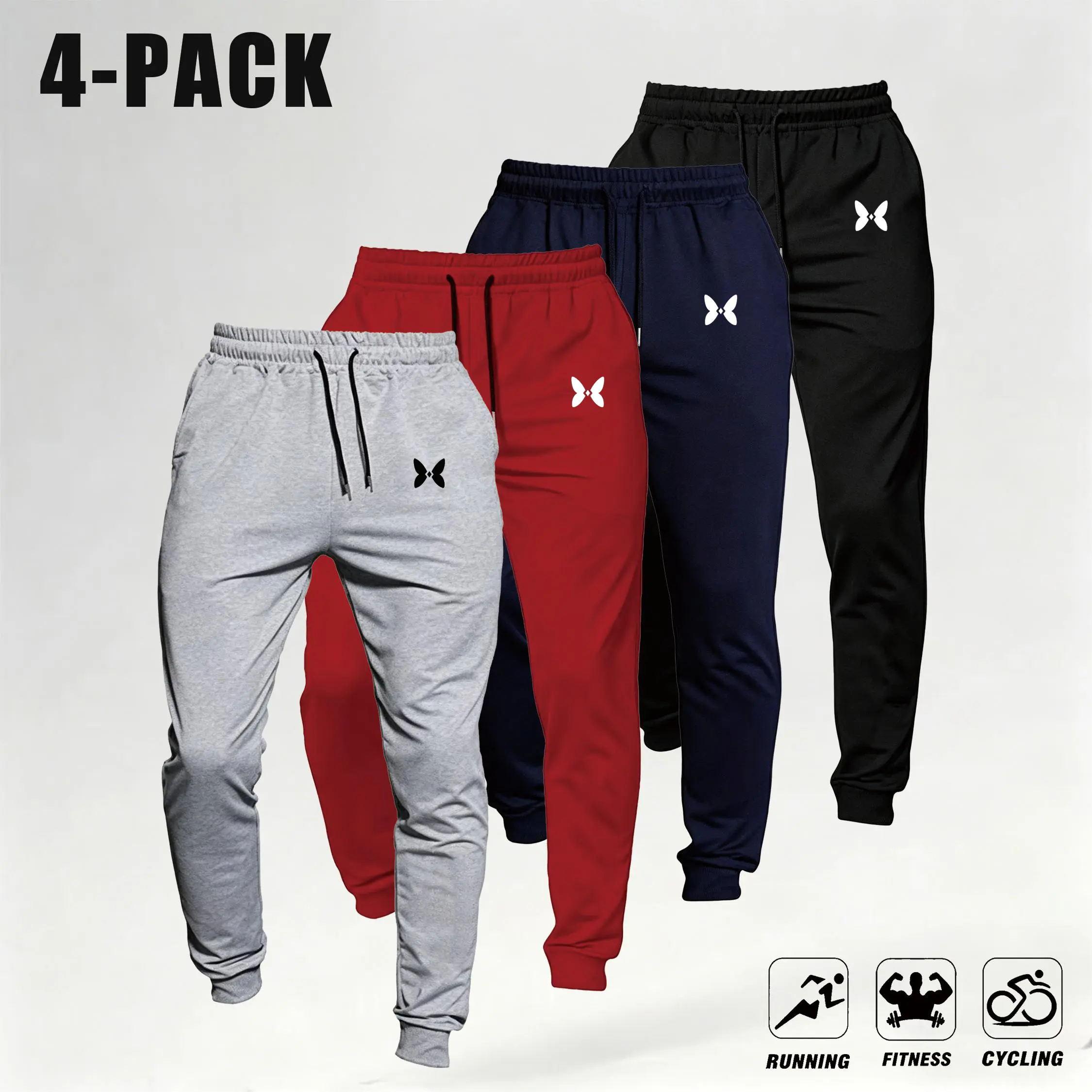 Men’s 4-Pack Casual Loose Joggers - Soft Knit Stretch Fabric Sweatpants with Pockets, Barbell Print, Retro Street Style Sportswear, Autumn Fitness Base Layer, Men's Sweatpants,sohochic