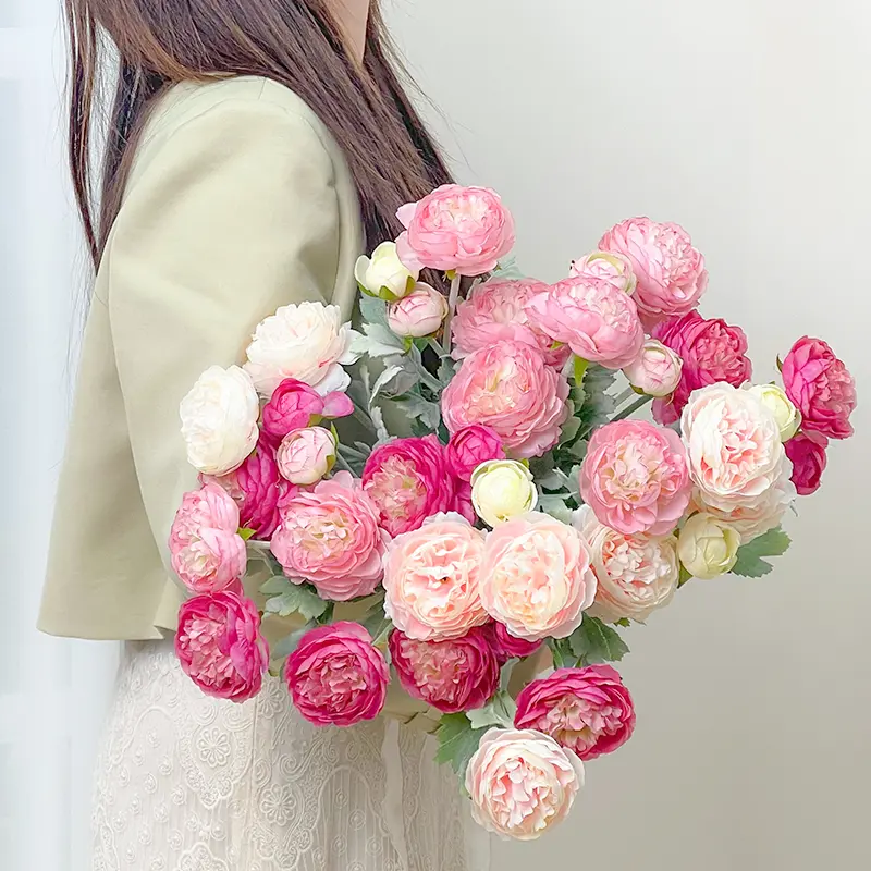 Molilito Artificial Peony & Ranunculus Bouquet, Pink Mix, White or Blue, 10/20 Stems for Wedding Centerpieces & Home Decor