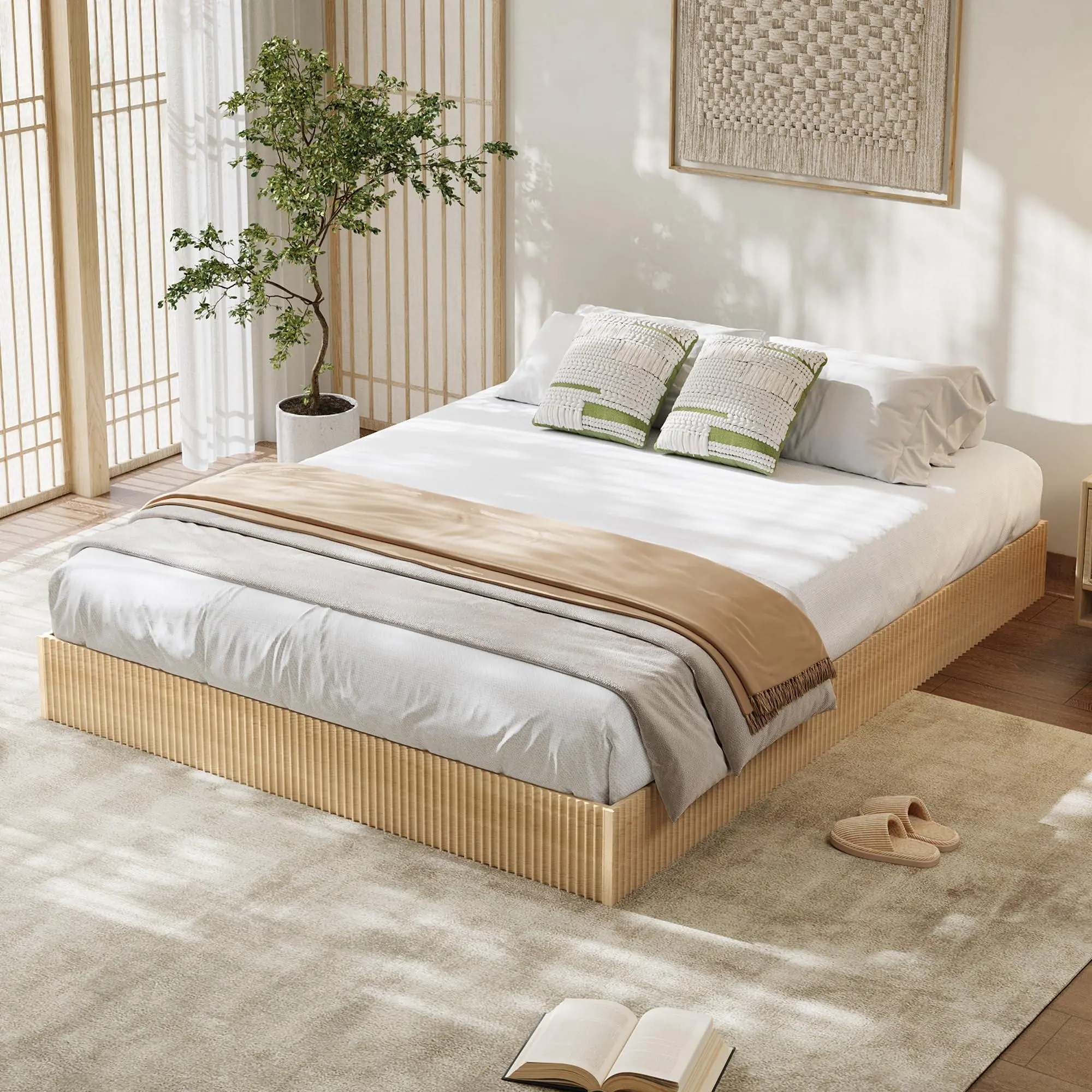 Gaomon Oak Queen Size Solid Wood Platform Bed Frame - Fluted Edges, Minimalist, Super Low Profile, Silent, Easy Assembly Required, No Box Spring Needed, Secure Mattress Support Indoor Furniture Bed Foundation