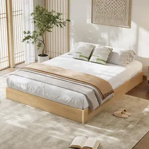 Queen Size Bed Frame, Wood Platform Bed, Fluted Bed Frame, Minimalist Bed Base with Low Profile Design, Noise-Free, Easy Assembly, No Box Spring Needed, Oak