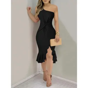 Women's Plain Twist One Shoulder Bodycon Dress, Elegant Chic Asymmetrical Hem Midi Dress for Party Club Dating Wear, Ladies Clothes for All Seasons
